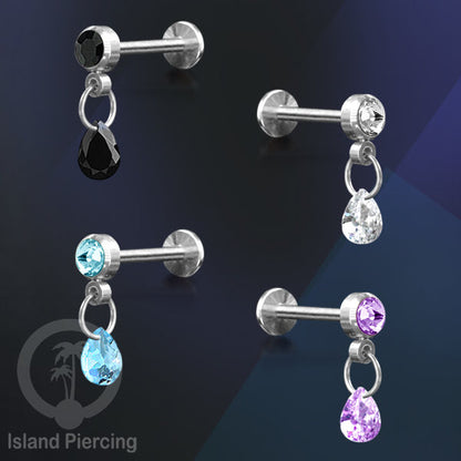 Anting Labret Stainless Steel dengan Kristal Tetes, Tindik Helix, Tragus Warna Silver