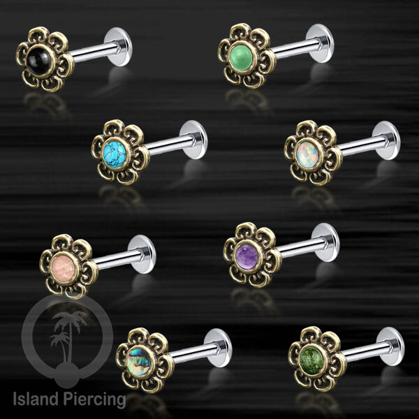 Piercing Brass dengan paku Stainless Steel Labret dan pilihan Batu semi murni atau Kerang Laut