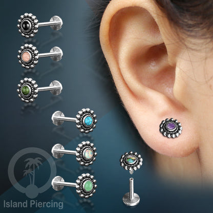 Piercing labret perhiasan tubuh stainless steel dengan bagian depan perhiasan perak 925 tragus