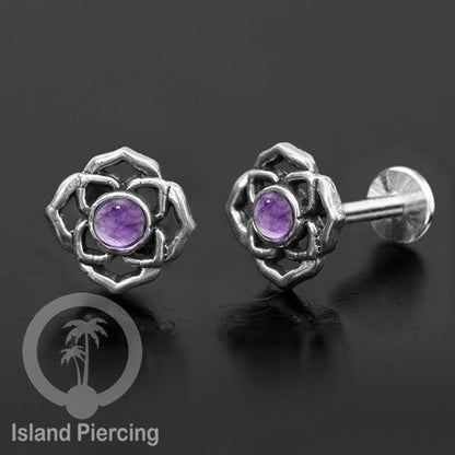 Piercing Labret Silver 925, paku Stainless Steel, pilihan Batu asli atau Kerang Laut