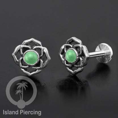 Piercing Labret Silver 925, paku Stainless Steel, pilihan Batu asli atau Kerang Laut