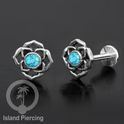 Piercing Labret Silver 925, paku Stainless Steel, pilihan Batu asli atau Kerang Laut