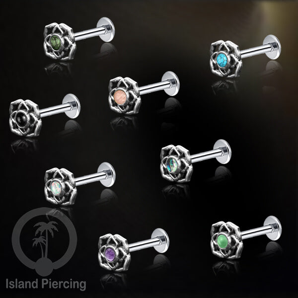 Piercing Labret Silver 925, paku Stainless Steel, pilihan Batu asli atau Kerang Laut