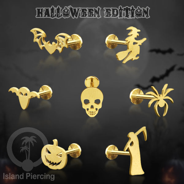 Labret Body Jewelry warna gold Tindik Piercing Stainless motif Halloween jewelry, anting tengkorak, hantu...