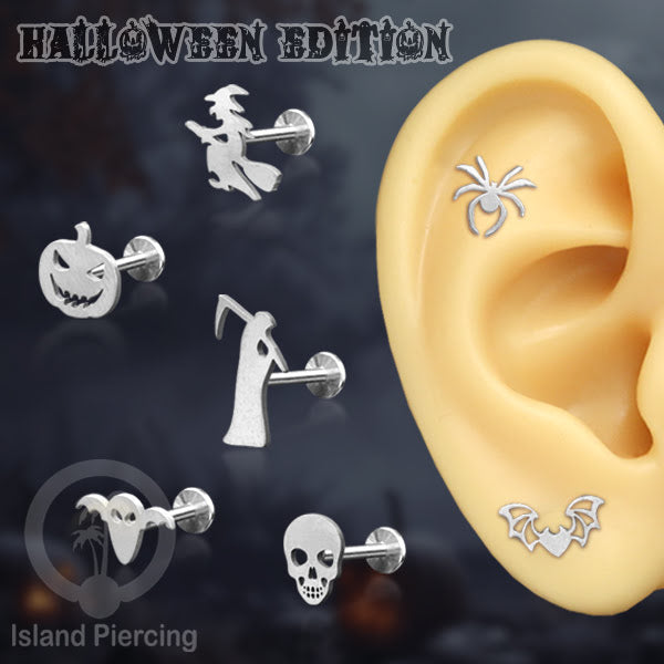Labret Body Jewelry warna silver Tindik Piercing Stainless motif Halloween jewelry, anting tengkorak, hantu.