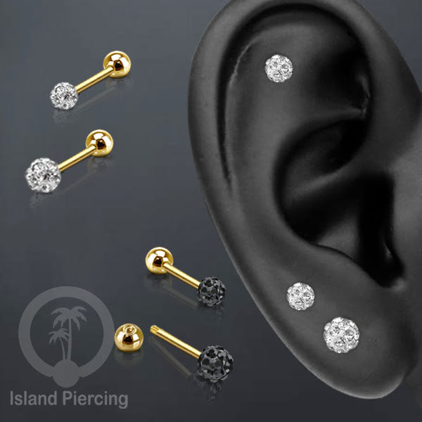 Labret bola stainless steel warna gold dengan bola multi kristal cocok tindik helix tragus piercing