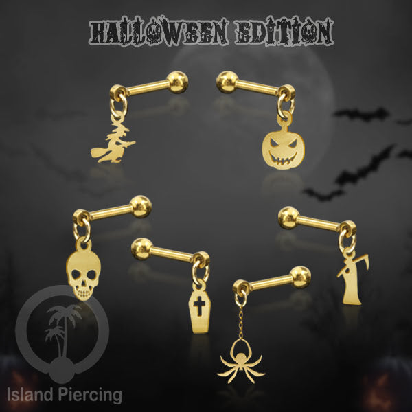 Ball Labret Body Piercing warna gold Tindik anting dengan charm Halloween jewelry, anting tengkorak, peti etc