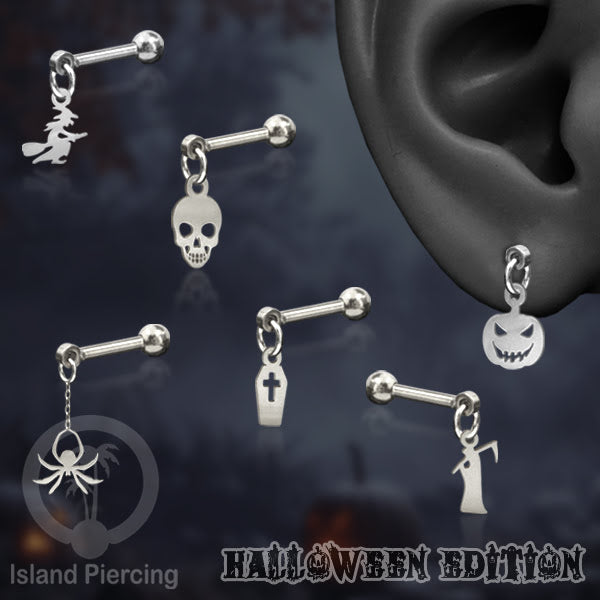 Ball Labret Body Piercing Stainless warna silver Tindik anting dengan charm Halloween jewelry, anting tengkorak, peti