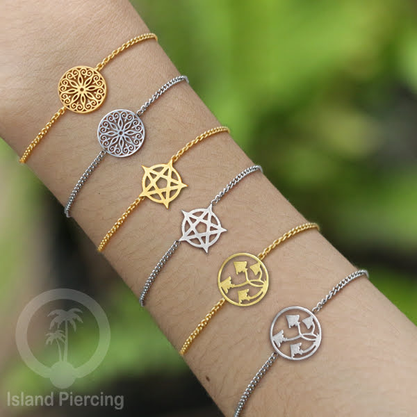 Gelang stainless steel, mandala gelang, pentagram gelang, mushroom gelang, warna gold atau silver.