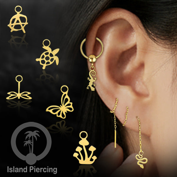 Piercing Charm Liotin Stainless warna gold yang bisa pasang di Tindik dasar semua model tersedia di toko Island Piercing