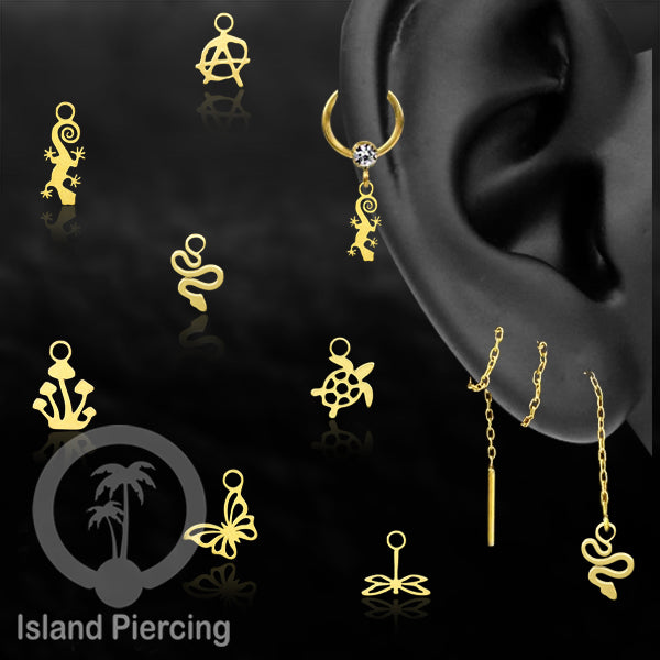 Piercing Charm Liotin Stainless warna gold yang bisa pasang di Tindik dasar semua model tersedia di toko Island Piercing