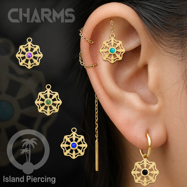 Liontin perhiasan tindik stainless warna gold, Body Jewelry charm, dengan kristal dan epoxy.