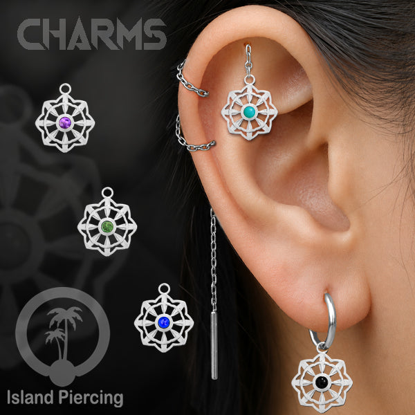 Silver stainless steel piercing jewelry charm, body jewelry charm, with crystal and epoxy.
