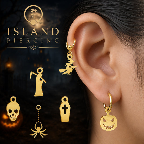 Pesona perhiasan tubuh tahan karat model Liotin perhiasan Gotik Halloween warna emas, tengkorak sihir peti...