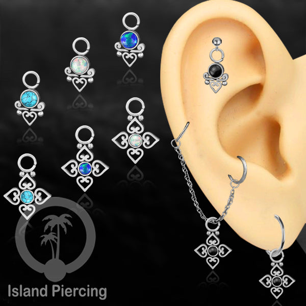 Piercing Charm yang Liotin Stainless manis warna silver dekorasi hati kecil dan batu berwarna