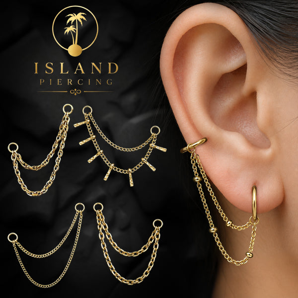 Rantai dekorasi Body Jewelry dan Perhiasan anting telinga Double Connective Chain warna emas