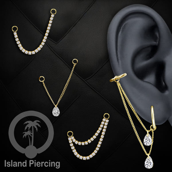 Rantai untuk dekorasi Body Jewelry dan Anting telinga connective chain warna gold dengan kristal