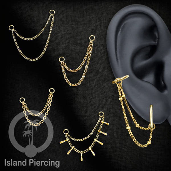 Rantai dekorasi Body Jewelry dan Perhiasan Anting telinga double Connective Chain warna gold
