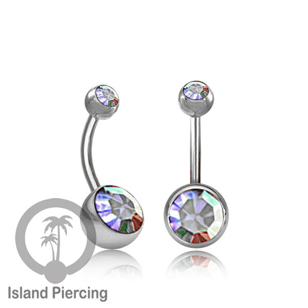 Anting Pusar/Navel Bar warna silver dengan model Kristal berwarna dan bening