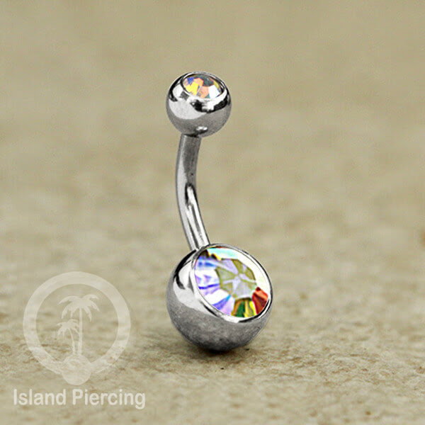 Anting Pusar/Navel Bar warna silver dengan model Kristal berwarna dan bening