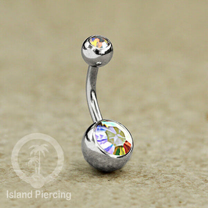 Anting Pusar/Navel Bar warna silver dengan model Kristal berwarna dan bening