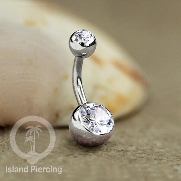 Anting Pusar/Navel Bar warna silver dengan model Kristal berwarna dan bening