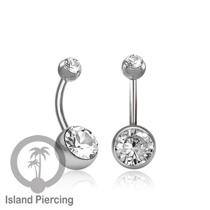 Anting Pusar/Navel Bar warna silver dengan model Kristal berwarna dan bening