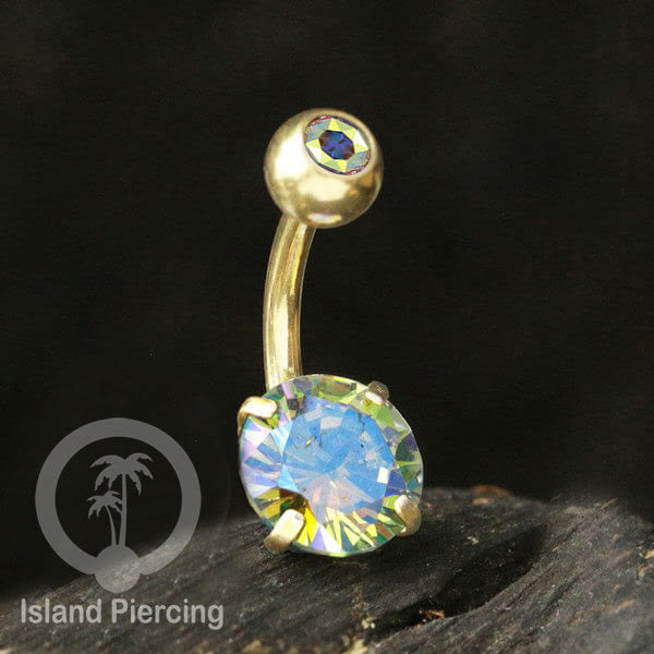 Anting Pusar/Navel Bar warna gold Piercing Jewelry Kristal Besar Warna-warni istimewa