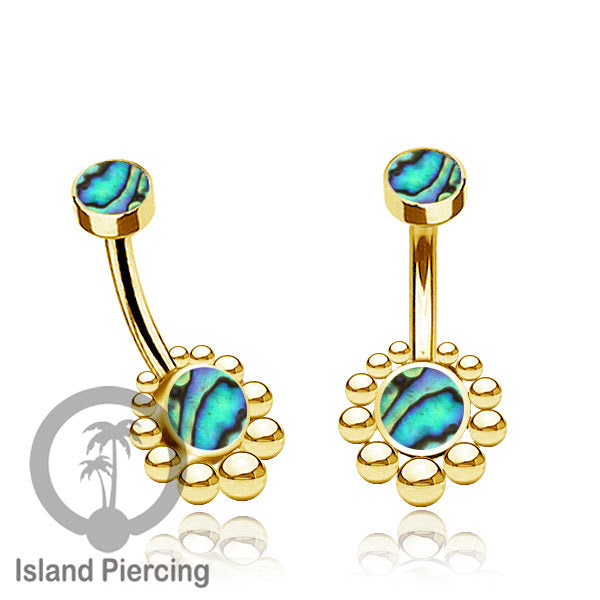 Anting Pusar/Navel Bar bahan stainless steel warna gold dengan Kristal atau Kerang laut