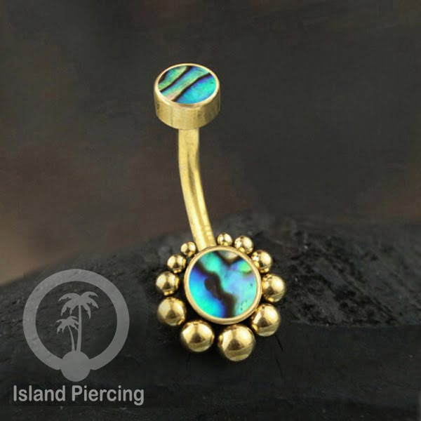 Anting Pusar/Navel Bar bahan stainless steel warna gold dengan Kristal atau Kerang laut