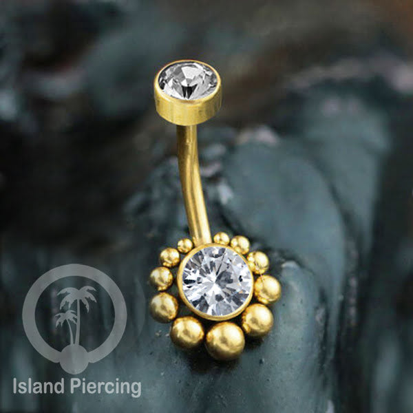 Anting Pusar/Navel Bar bahan stainless steel warna gold dengan Kristal atau Kerang laut