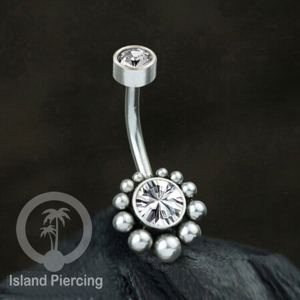 Anting Pusar/Navel Bar bahan stainless steel warna silver dekorasi Kristal atau Kerang laut asli