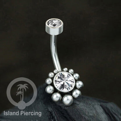 Anting Pusar/Navel Bar bahan stainless steel warna silver dekorasi Kristal atau Kerang laut asli