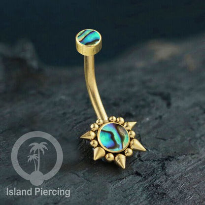 Anting Pusar/Navel Bar bahan stainless steel warna gold dengan Kristal atau Kerang laut