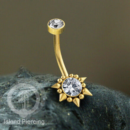Anting Pusar/Navel Bar bahan stainless steel warna gold dengan Kristal atau Kerang laut