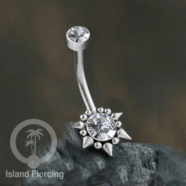 Anting Pusar/Navel Bar bahan stainless steel warna silver dekorasi Kristal atau Kerang laut asli
