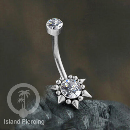 Anting Pusar/Navel Bar bahan stainless steel warna silver dekorasi Kristal atau Kerang laut asli
