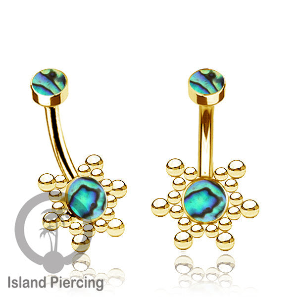 Anting Pusar/Navel Bar bahan stainless steel warna gold dengan Kristal atau Kerang laut