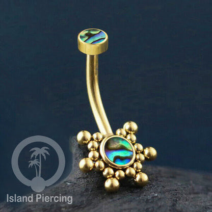 Anting Pusar/Navel Bar bahan stainless steel warna gold dengan Kristal atau Kerang laut