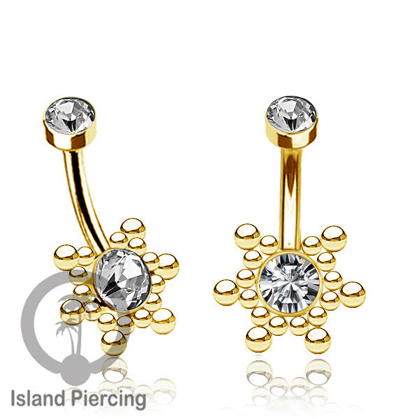 Anting Pusar/Navel Bar bahan stainless steel warna gold dengan Kristal atau Kerang laut