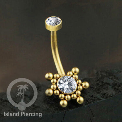 Anting Pusar/Navel Bar bahan stainless steel warna gold dengan Kristal atau Kerang laut