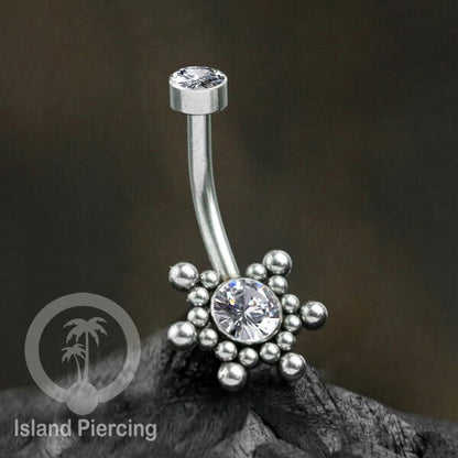 Anting Pusar/Navel Bar bahan stainless steel warna silver dekorasi Kristal atau Kerang laut asli