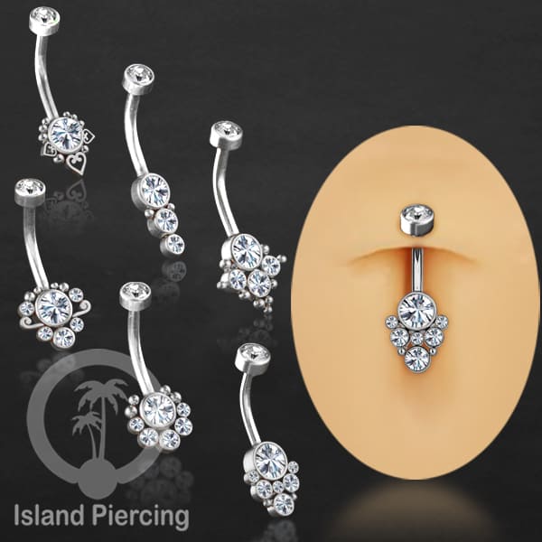 Anting Pusar/Navel Bar warna silver Piercing Jewelry terpasang Kristal zirconia bening