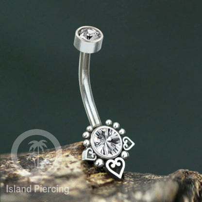 Anting Pusar/Navel Bar bahan stainless steel warna silver dekorasi Kristal atau Kerang laut asli