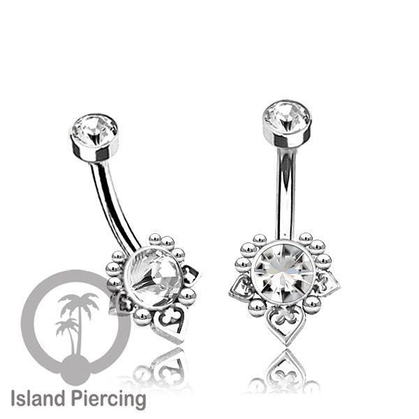 Anting Pusar/Navel Bar bahan stainless steel warna silver dekorasi Kristal atau Kerang laut asli