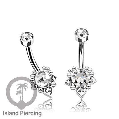 Anting Pusar/Navel Bar bahan stainless steel warna silver dekorasi Kristal atau Kerang laut asli