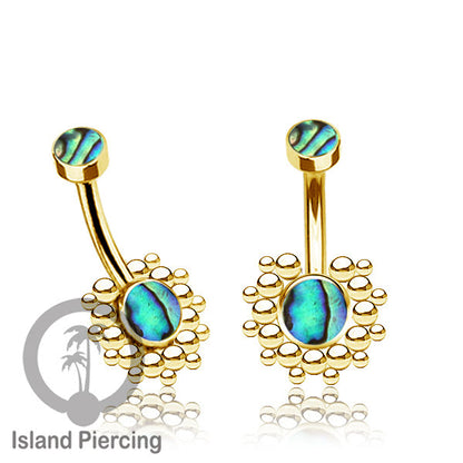 Anting Pusar/Navel Bar bahan stainless steel warna gold dengan Kristal atau Kerang laut