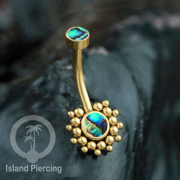 Anting Pusar/Navel Bar bahan stainless steel warna gold dengan Kristal atau Kerang laut
