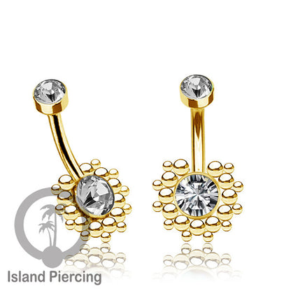 Anting Pusar/Navel Bar bahan stainless steel warna gold dengan Kristal atau Kerang laut