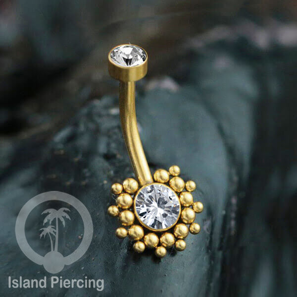 Anting Pusar/Navel Bar bahan stainless steel warna gold dengan Kristal atau Kerang laut
